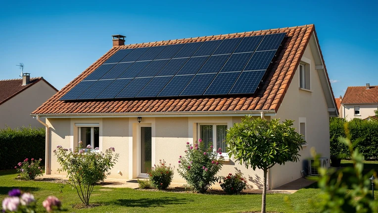 Panneaux photovoltaïques installés sur le toit en tuiles d'une maison individuelle