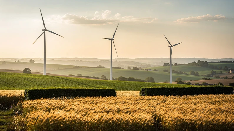 Éoliennes dans un champ de la campagne française à la lumière dorée
