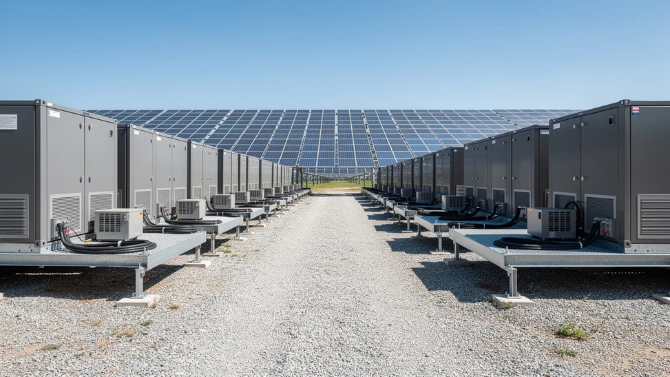Conteneurs de stockage d'énergie par batteries installés à côté d'une centrale solaire au sol