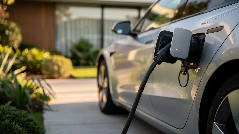 Voiture électrique branchée sur une borne de recharge murale dans l'allée d'une maison
