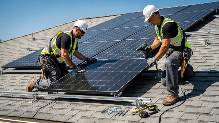 Deux techniciens harnachés installant un panneau photovoltaïque sur le toit d'une maison