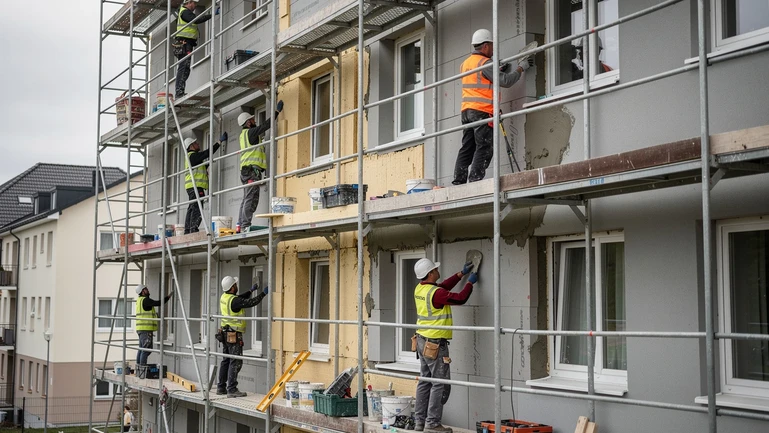Ouvriers posant des panneaux d'isolation par l'extérieur sur la façade d'un bâtiment résidentiel