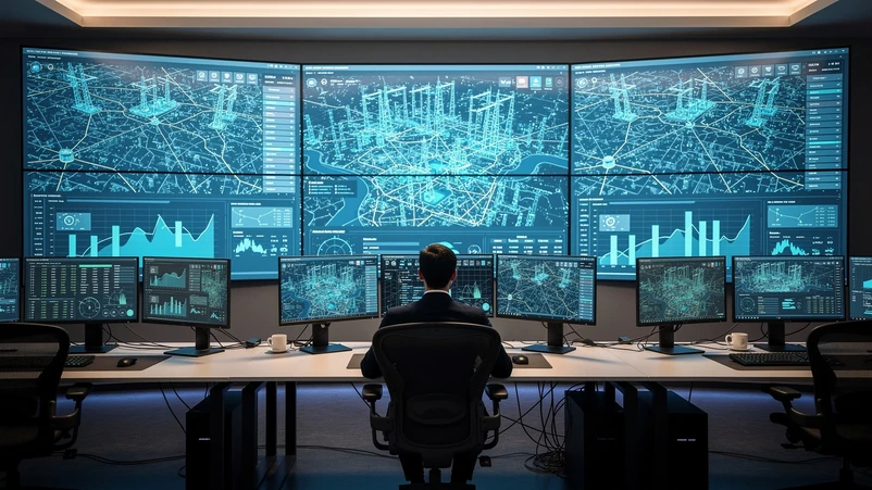 Salle de contrôle affichant des cartes du réseau électrique et des courbes de consommation