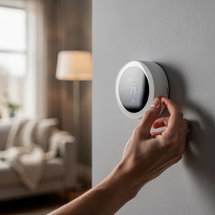Main réglant un thermostat connecté rond fixé au mur d'un salon