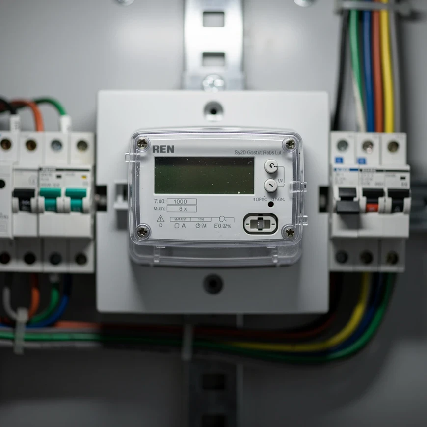 Compteur électrique numérique dans un tableau domestique entouré de disjoncteurs