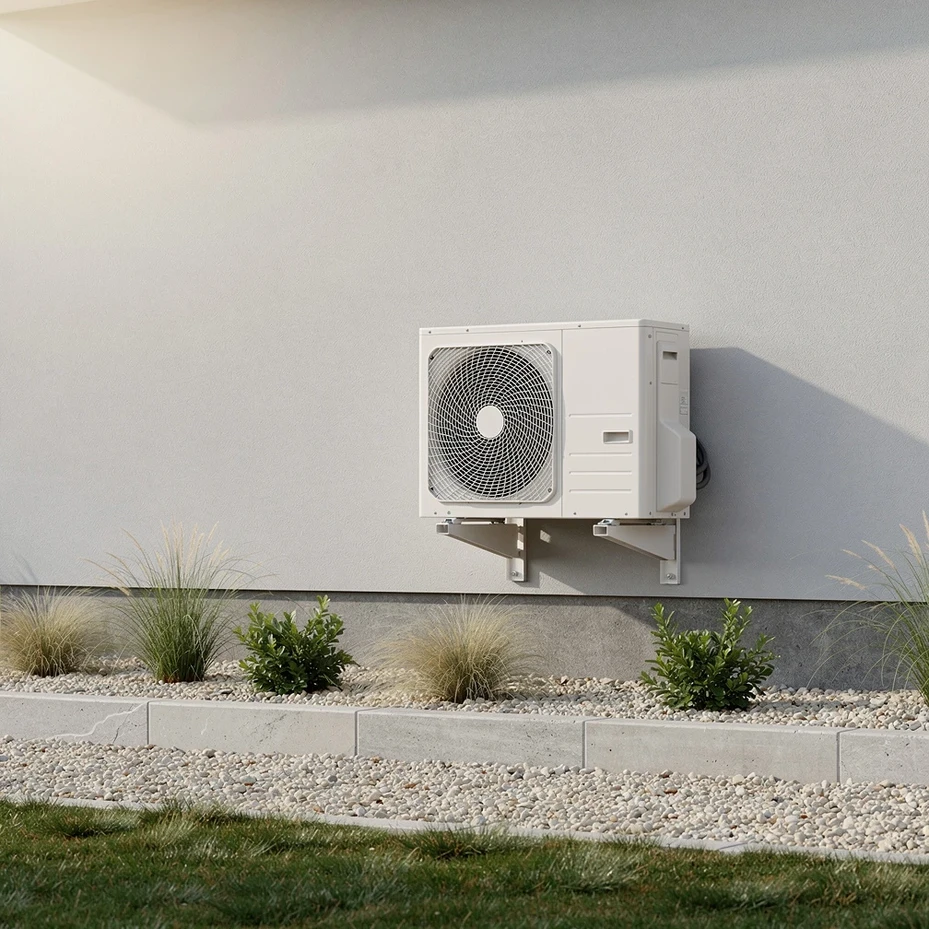 Unité extérieure de pompe à chaleur installée contre le mur enduit d'une maison moderne