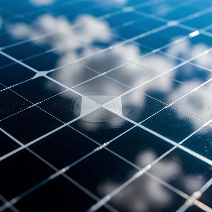 Macro d'une surface de panneau solaire reflétant le ciel bleu et les nuages