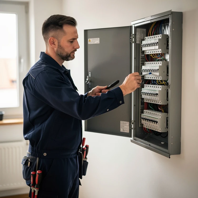 Électricien vérifiant un tableau électrique résidentiel avec des rangées de disjoncteurs