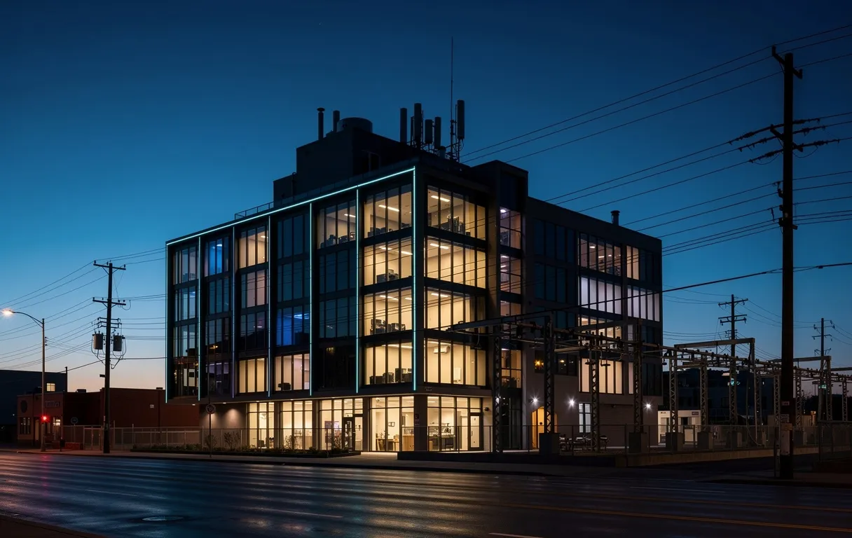 Un bâtiment moderne aux fenêtres lumineuses se dresse devant un ciel crépusculaire, relié à des lignes électriques, avec des touches de bleu et d'ambre.