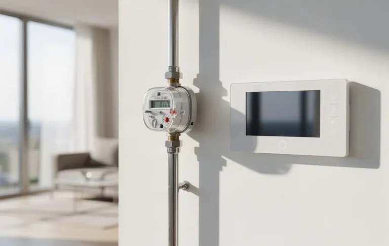 Un compteur d'eau moderne et une unité de régulation du chauffage sont installés sur un mur blanc dans un appartement lumineux.