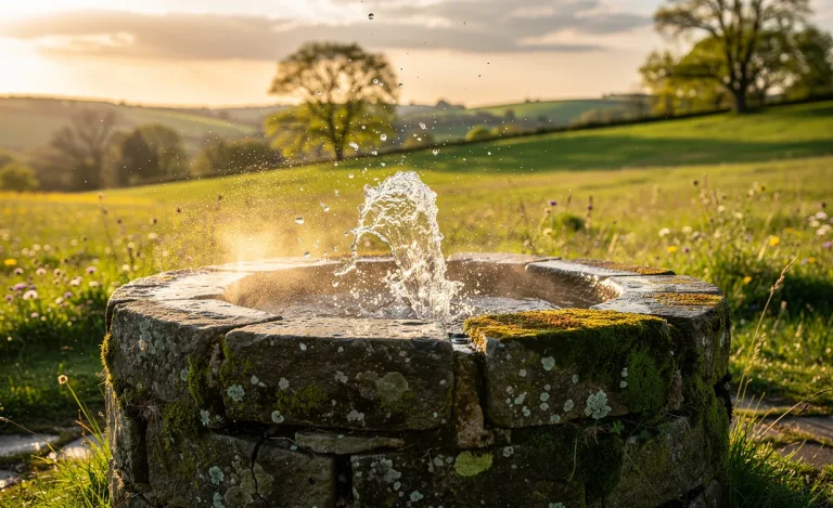 De l’eau claire jaillit d’un vieux puits de pierre couvert de mousse dans un paysage champêtre baigné de lumière dorée, avec des gouttes en suspension dans l’air.