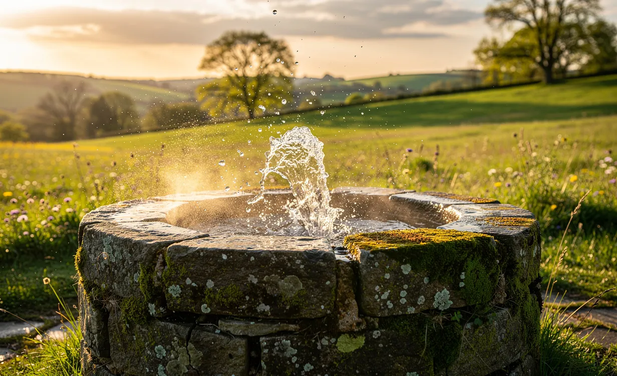 De l’eau claire jaillit d’un vieux puits de pierre couvert de mousse dans un paysage champêtre baigné de lumière dorée, avec des gouttes en suspension dans l’air.