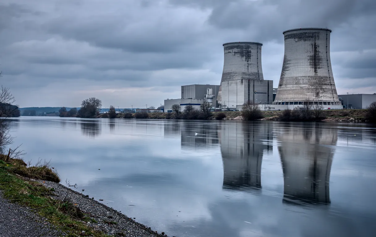 La centrale nucléaire de Fessenheim inactivée se dresse près d’un fleuve calme sous un ciel nuageux au petit matin.