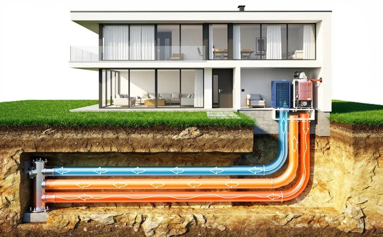 Coupe d’une maison moderne montrant une installation de puits canadien avec conduits isolés sous terre, entourée de pelouse et de couches de sol éclairées.