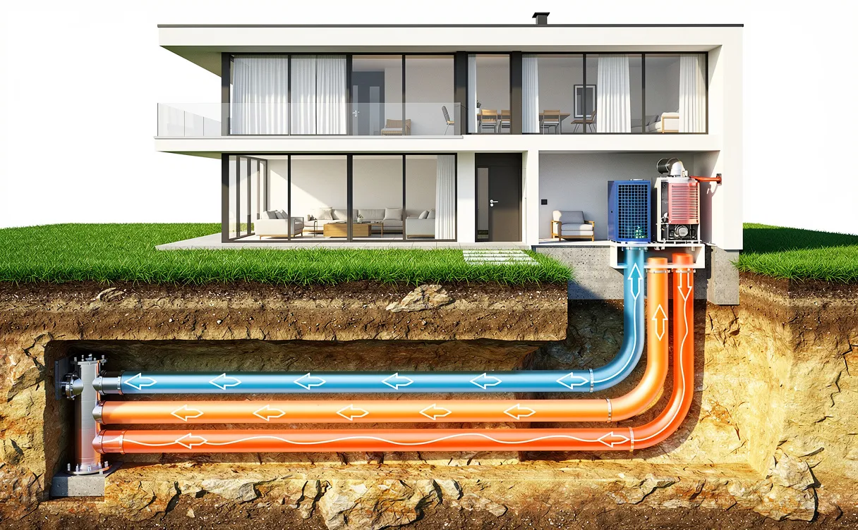 Coupe d’une maison moderne montrant une installation de puits canadien avec conduits isolés sous terre, entourée de pelouse et de couches de sol éclairées.