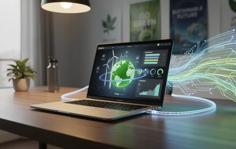 Un ordinateur portable élégant branché à des flux de données lumineux repose sur un bureau moderne, affichant des graphismes écologiques à l’écran sous un éclairage tamisé.