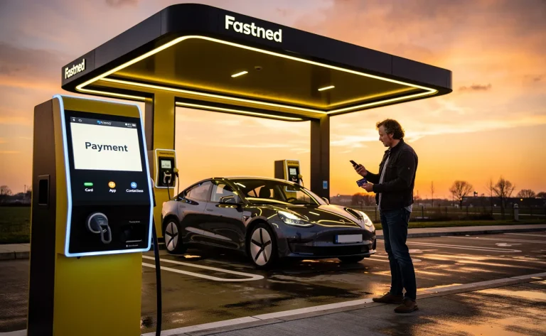 Une station Fastned moderne au coucher du soleil avec une voiture électrique en charge, une personne tenant un téléphone et une carte bancaire près du terminal de paiement éclairé.