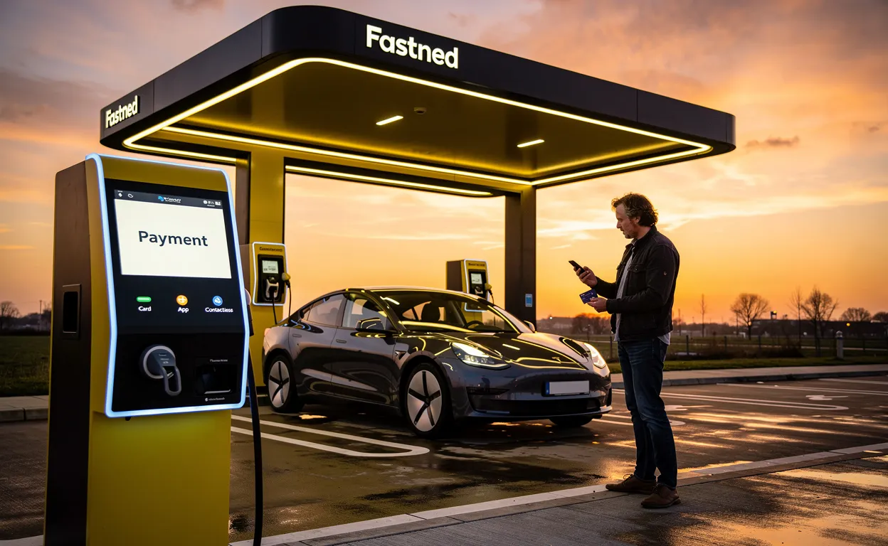 Une station Fastned moderne au coucher du soleil avec une voiture électrique en charge, une personne tenant un téléphone et une carte bancaire près du terminal de paiement éclairé.