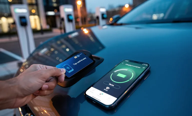 Une voiture électrique recharge à une station Electra, une main paie sans contact près du terminal, tandis qu'un smartphone affiche une application et un badge RFID.