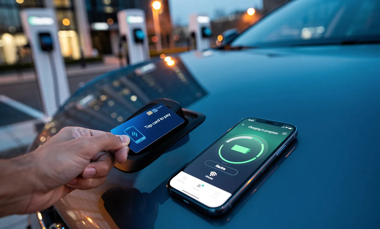 Une voiture électrique recharge à une station Electra, une main paie sans contact près du terminal, tandis qu'un smartphone affiche une application et un badge RFID.
