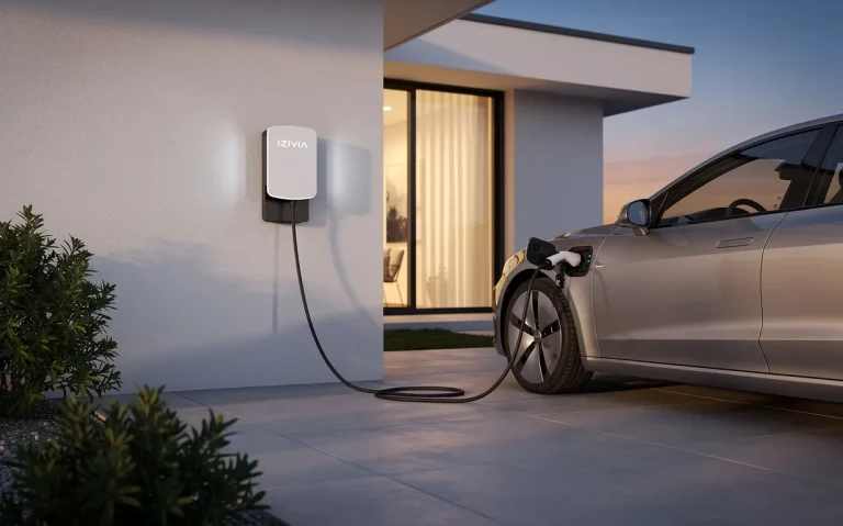 Borne de recharge IZIVIA moderne installée dans une allée privée avec une voiture électrique connectée sous une lumière douce du soir.