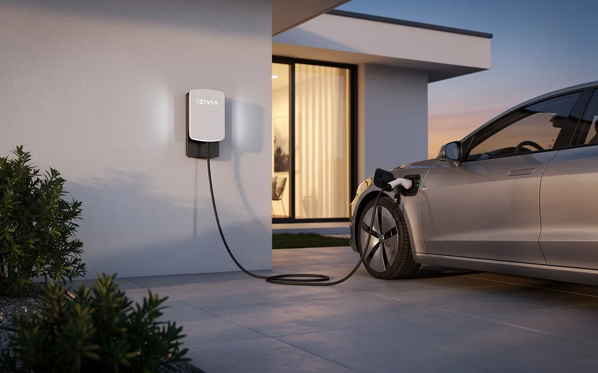 Borne de recharge IZIVIA moderne installée dans une allée privée avec une voiture électrique connectée sous une lumière douce du soir.