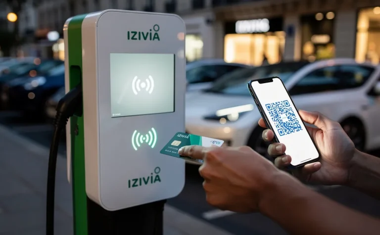 Un utilisateur tient une carte, un smartphone avec un QR code et un badge sans contact devant une borne de recharge Izivia illuminée au crépuscule en ville.