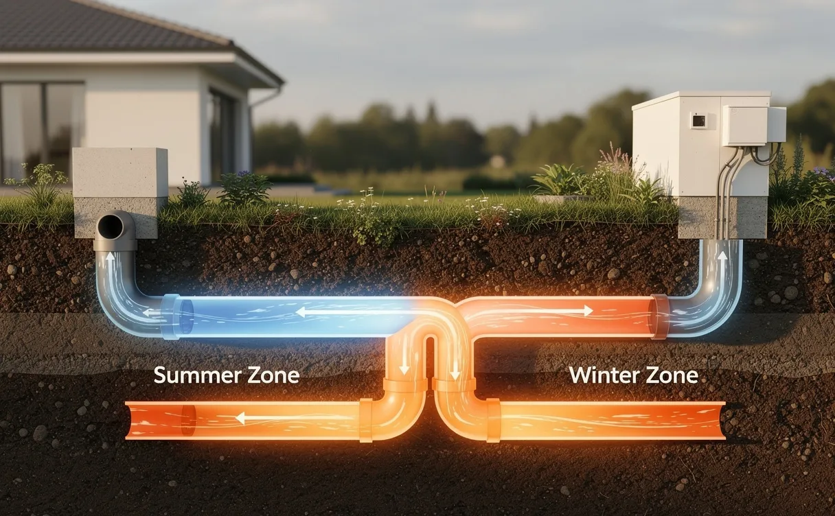 Vue en coupe d’un système de tuyauterie souterrain reliant une maison à l’extérieur, illustrant deux zones pour l’été et l’hiver dans une lumière matinale.