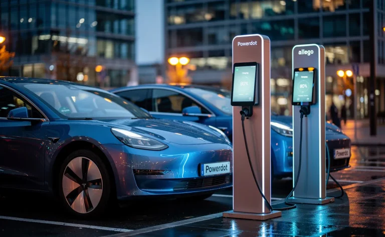 Deux voitures électriques stationnent côte à côte à des bornes de recharge Powerdot et Allego sous une lumière de soirée, avec des écrans lumineux et une ville reflétée à l’arrière-plan.