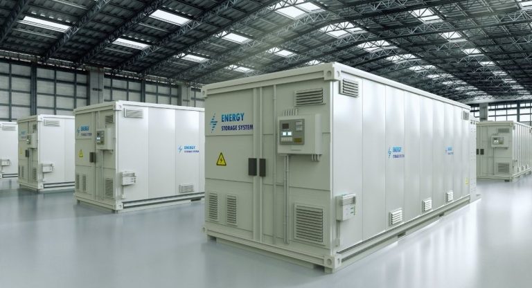 Conteneurs de stockage d'énergie par batteries alignés dans un hall industriel