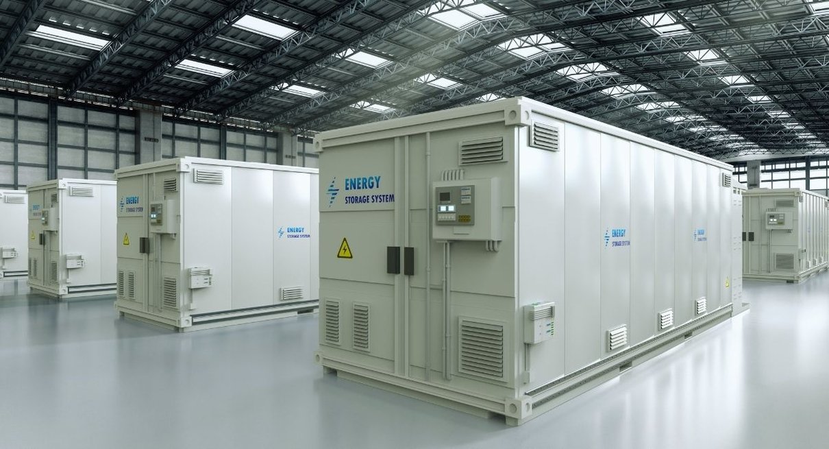 Conteneurs de stockage d'énergie par batteries alignés dans un hall industriel