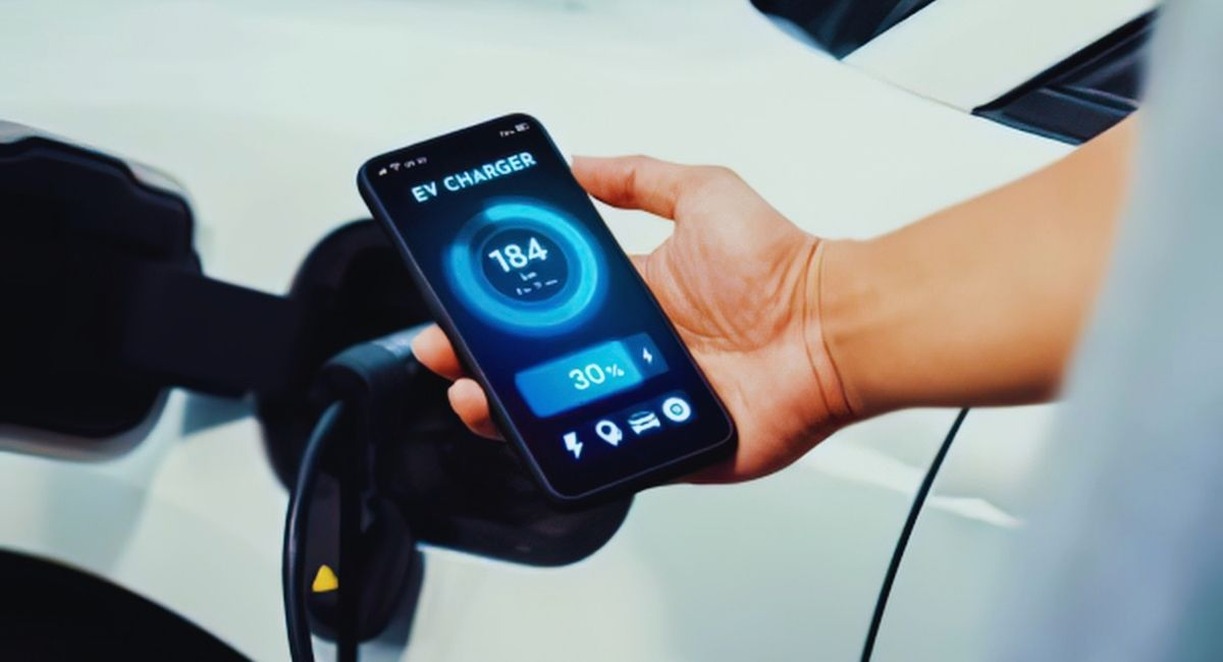 Main tenant un smartphone affichant une application de recharge pendant le branchement d'une voiture électrique