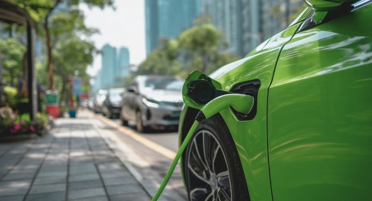 Voiture électrique verte branchée à une borne de recharge en centre-ville