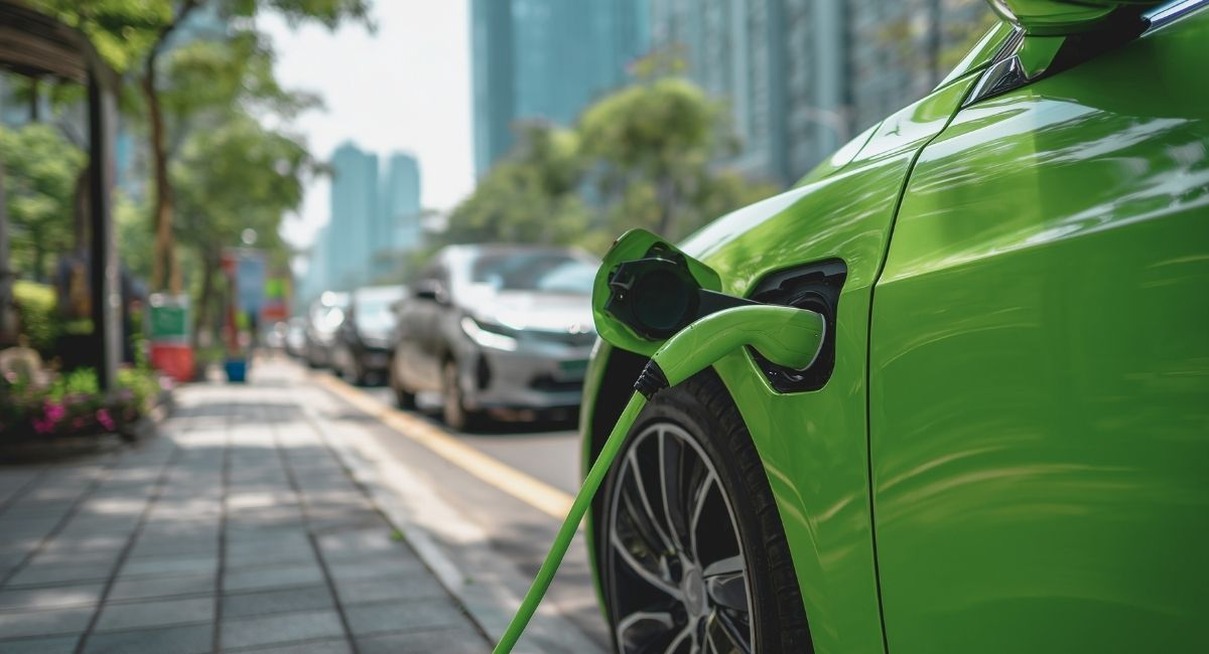 Voiture électrique verte branchée à une borne de recharge en centre-ville
