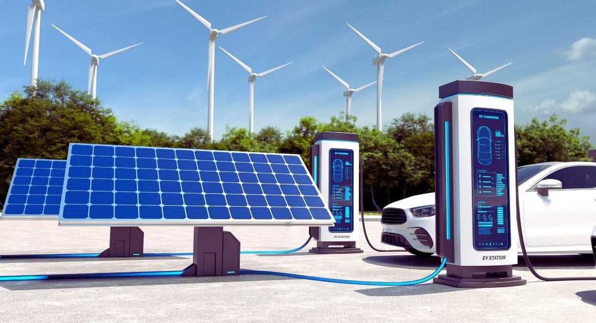 Illustration de bornes de recharge, panneau solaire et éoliennes alimentant une voiture blanche