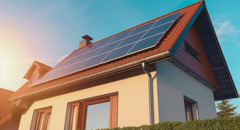 Panneaux solaires photovoltaïques sur la toiture en tuiles d'une maison