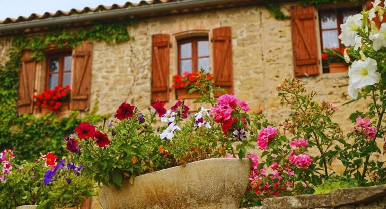 Façade en pierre avec volets en bois et jardinières fleuries dans un jardin provençal