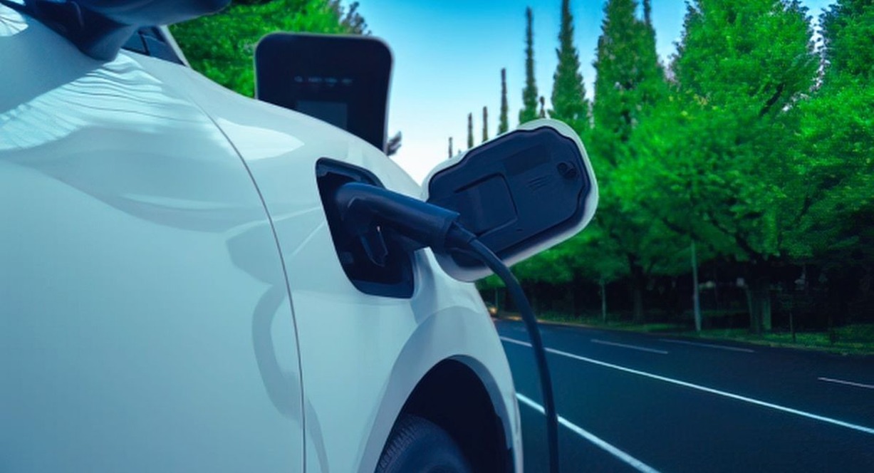 Voiture électrique blanche en charge sur une route bordée d'arbres